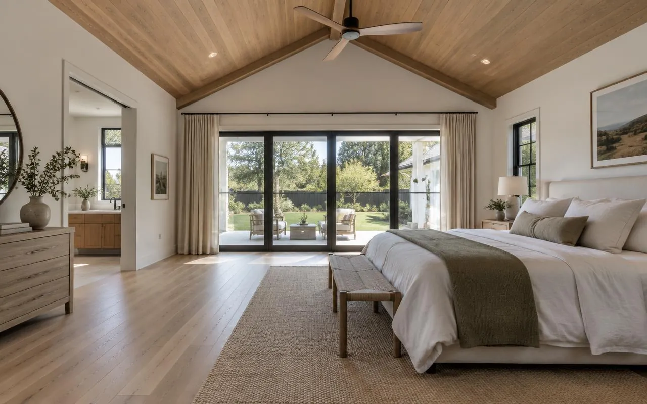 Primary suite with vaulted wood ceiling and glass doors to the yard