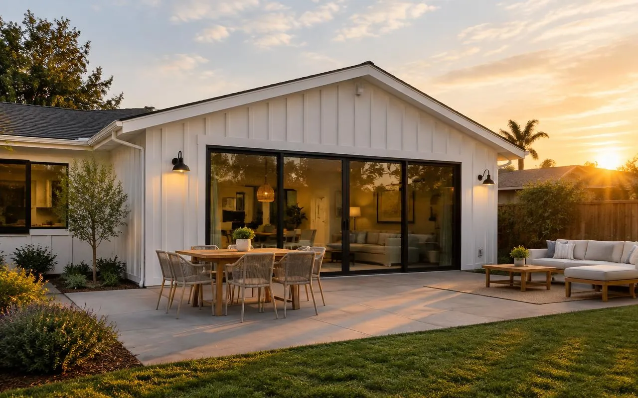Rear addition with sliding doors opening onto a patio at golden hour