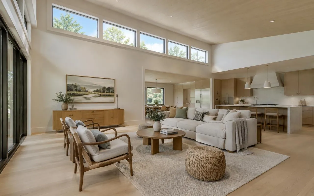 Family room addition with clerestory windows connected to the kitchen