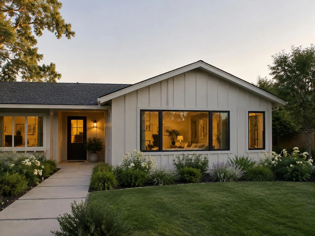 Single-story board and batten addition blending into an existing California ranch home at dusk