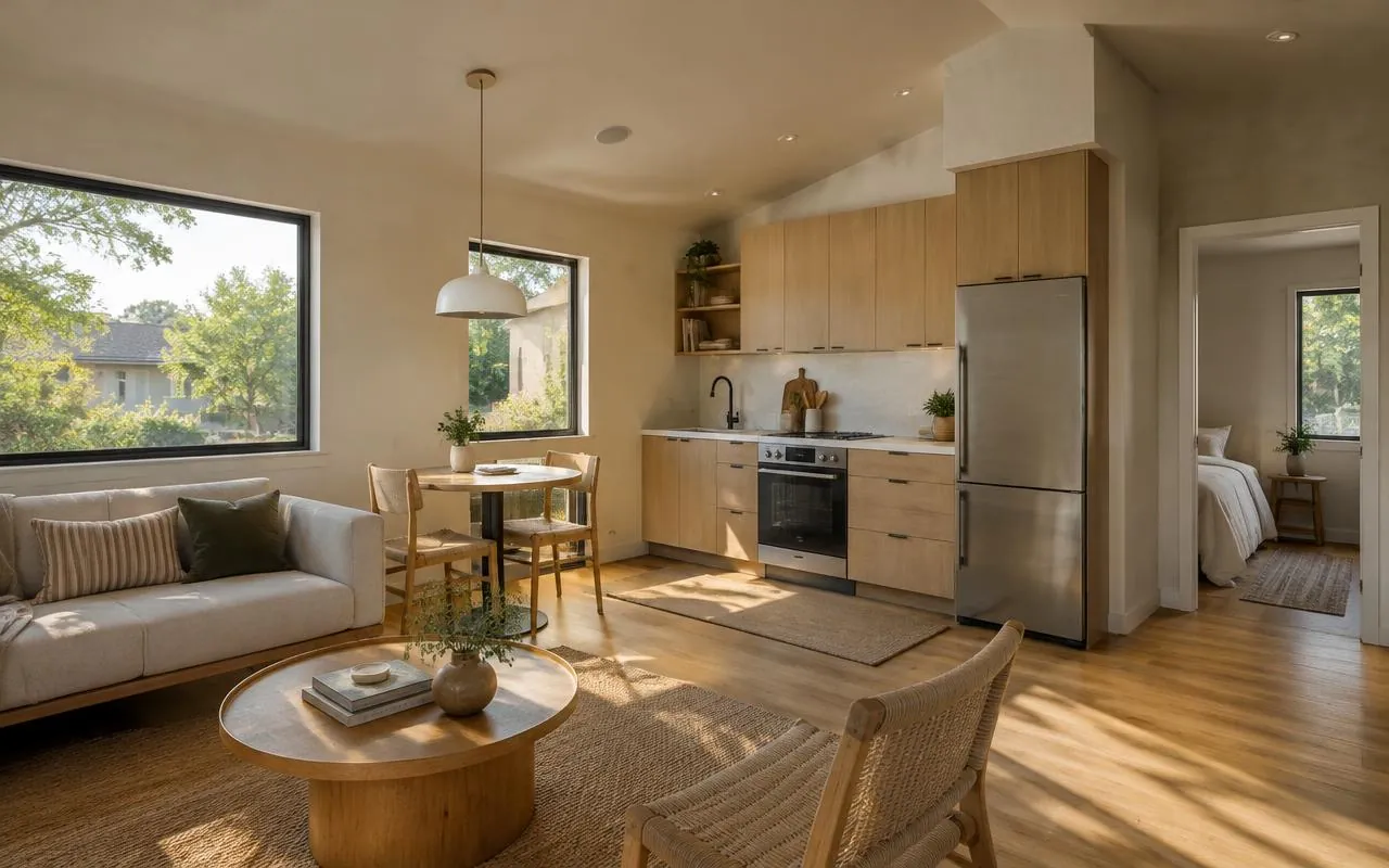 Compact ADU living space with light oak kitchenette