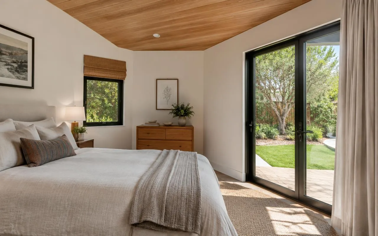 Guest house bedroom with wood ceiling and glass door to garden
