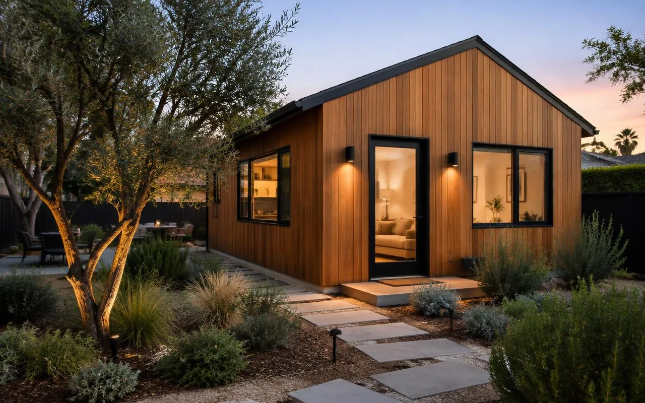 Cedar-clad backyard ADU with landscaped path at dusk