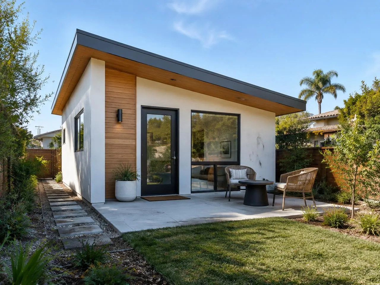 Small detached modern ADU with plaster walls, wood siding, and a backyard patio