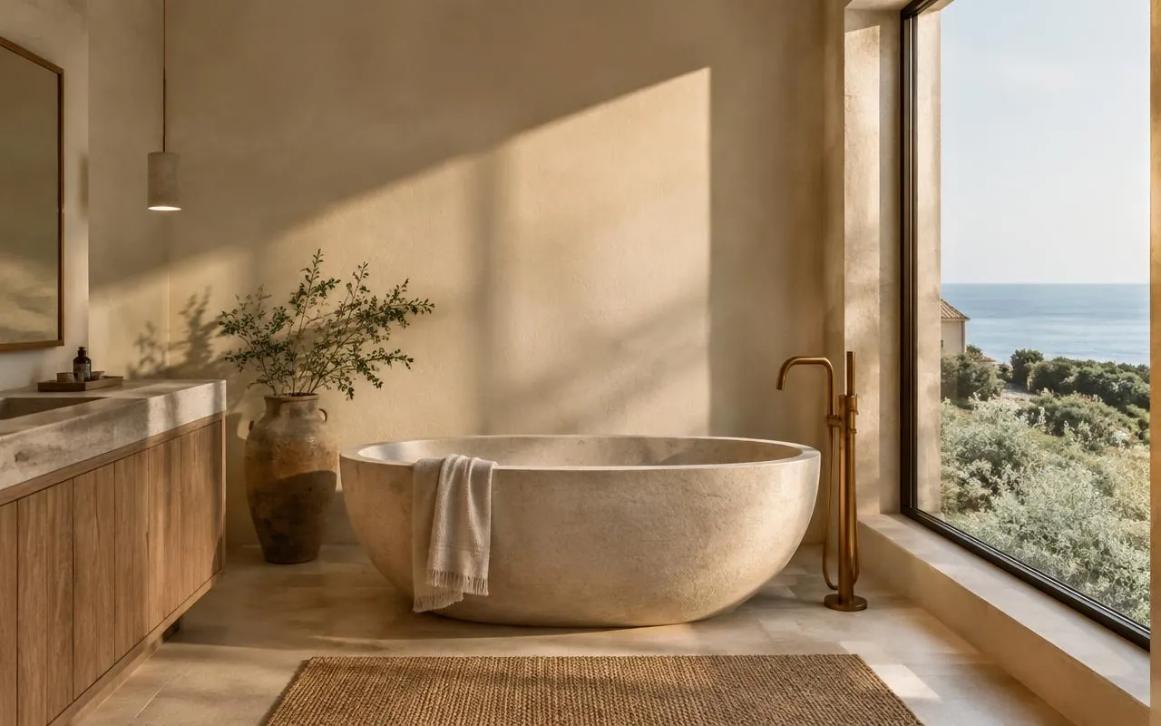 Freestanding stone bathtub beside a large window in a plaster bathroom