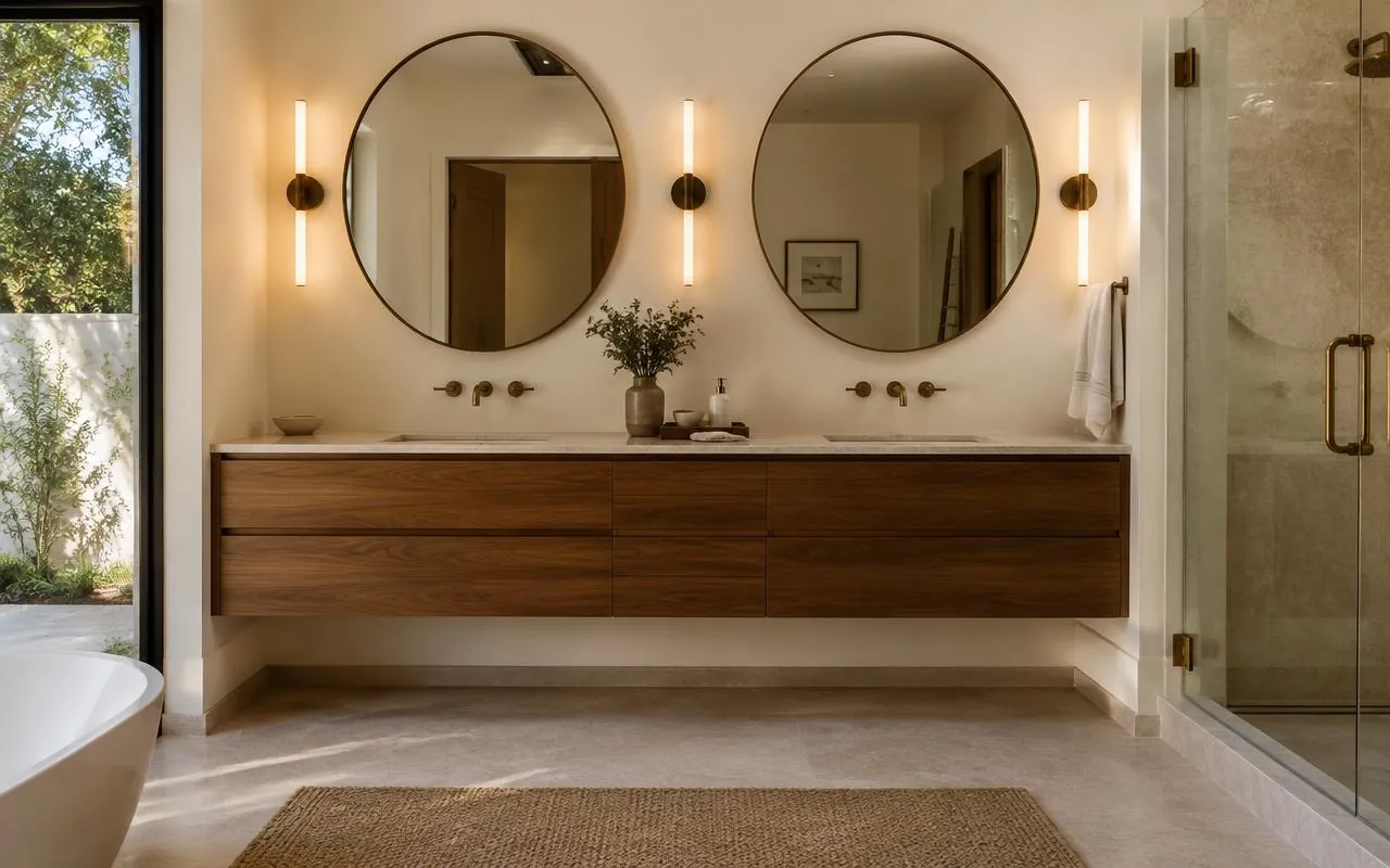 Double floating walnut vanity with round mirrors and warm sconces