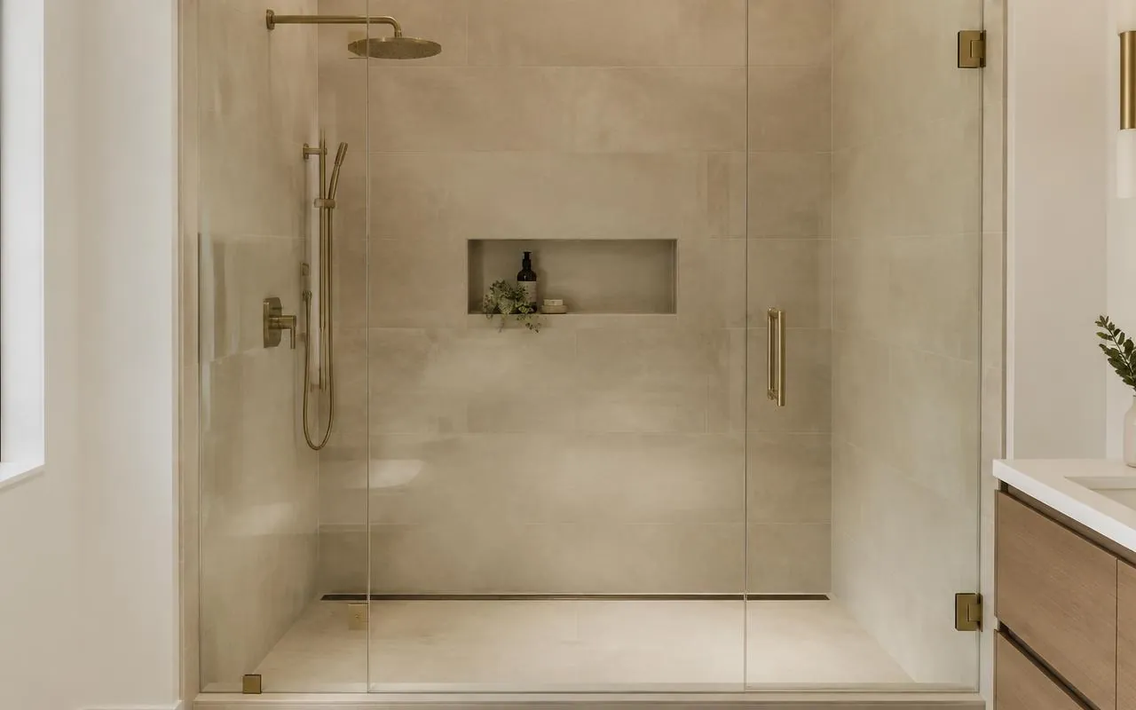 Walk-in glass shower with large-format tile and built-in niche