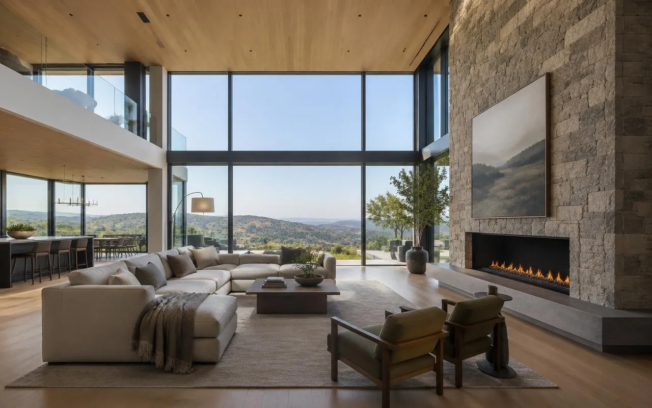 Double-height living room with floor-to-ceiling glass and stone fireplace