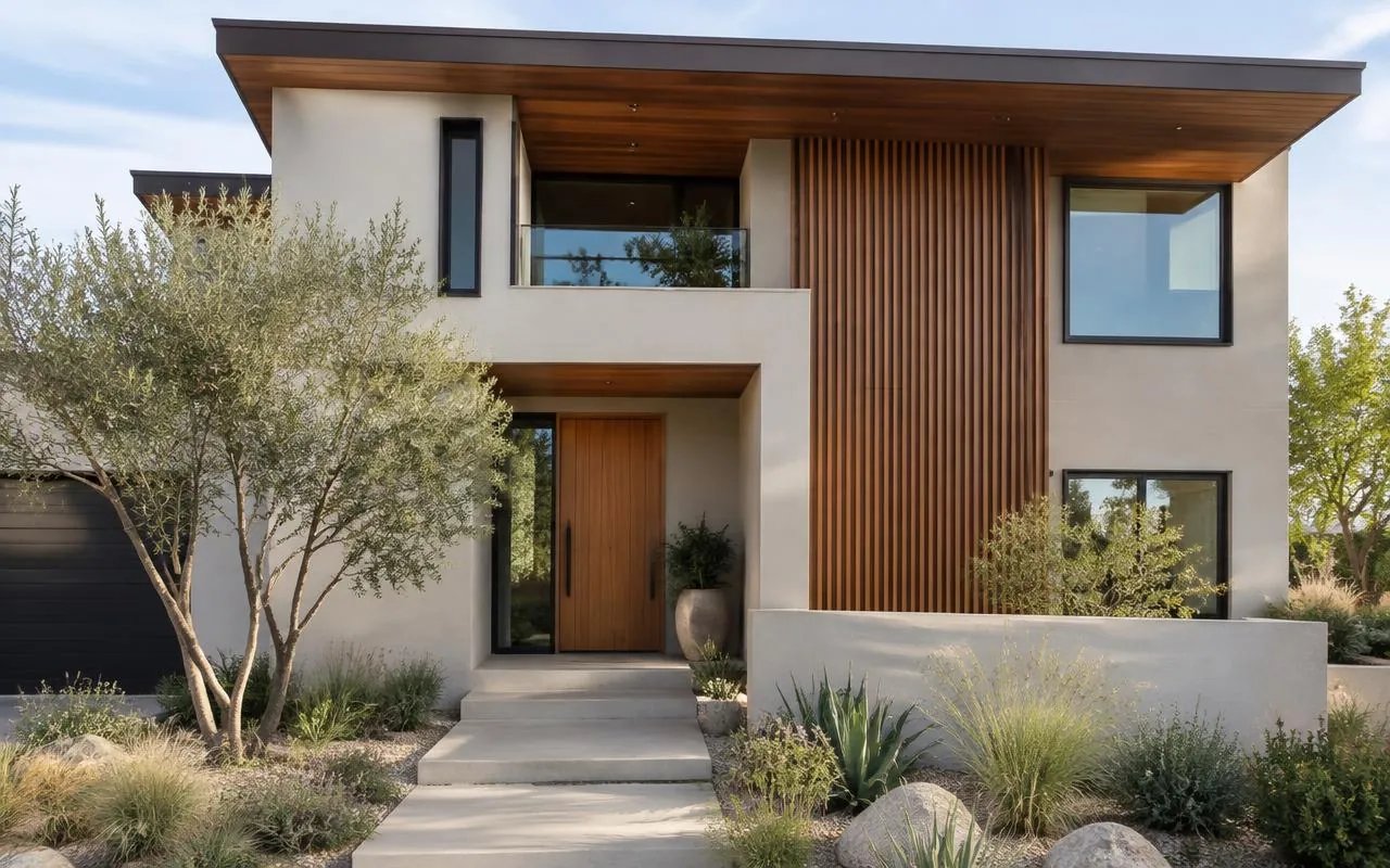 Modern two-story entry with plaster, wood slats, and native landscaping