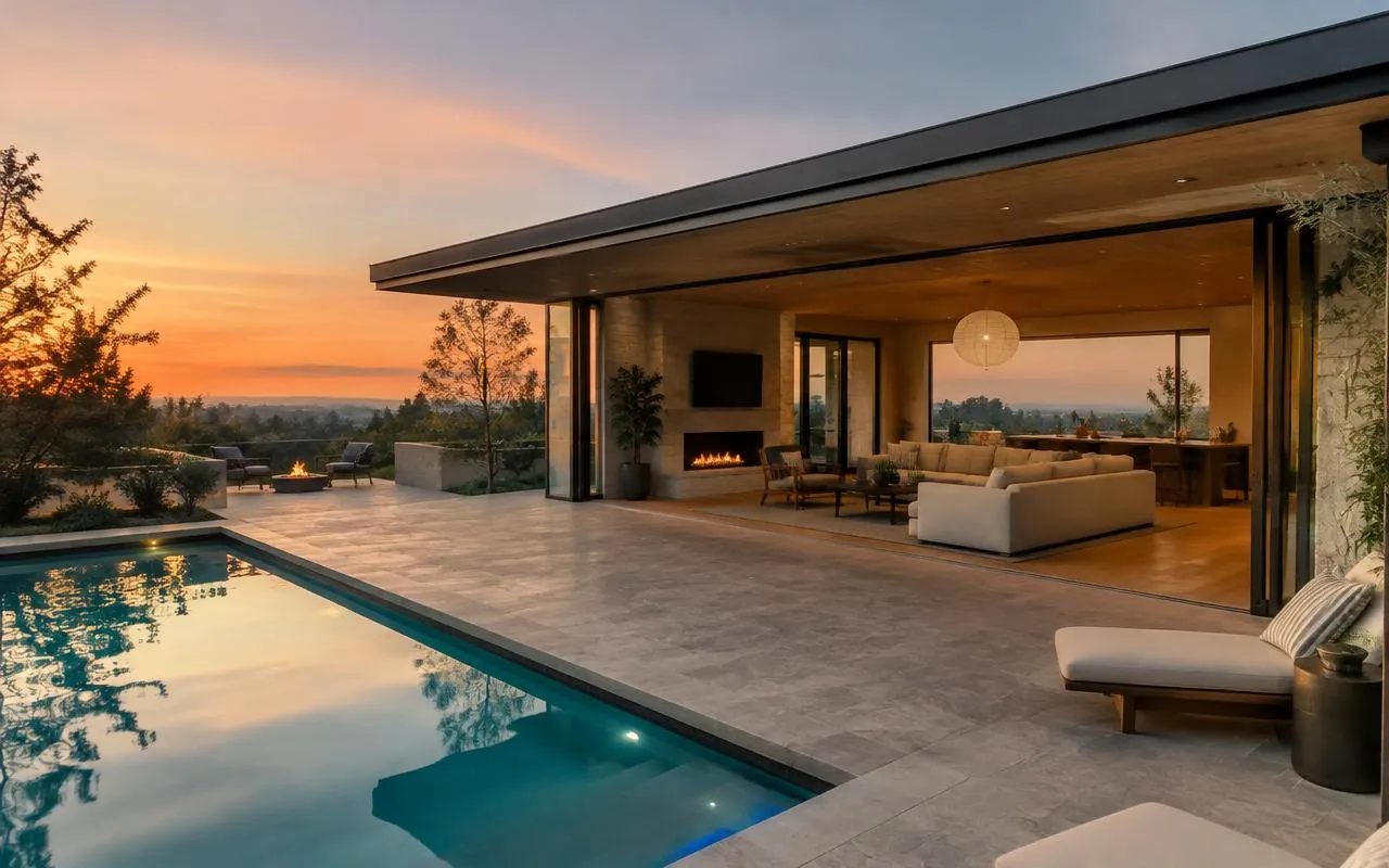 Backyard terrace with pool and open indoor-outdoor living room at sunset