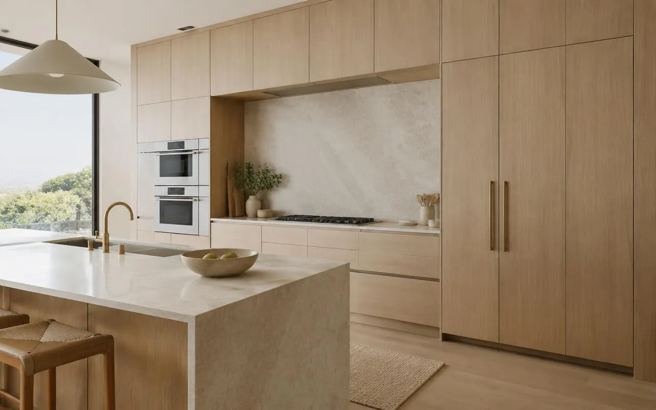 Kitchen wall of oak cabinetry with integrated ovens and stone backsplash