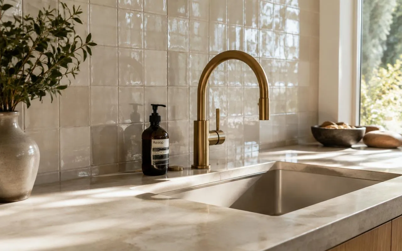 Honed stone countertop with glazed tile backsplash and brass faucet