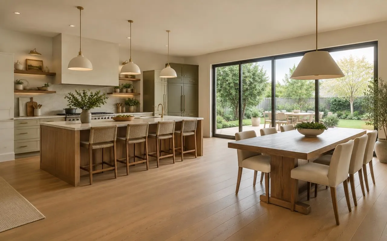Open kitchen and dining area with pendant lights and garden doors