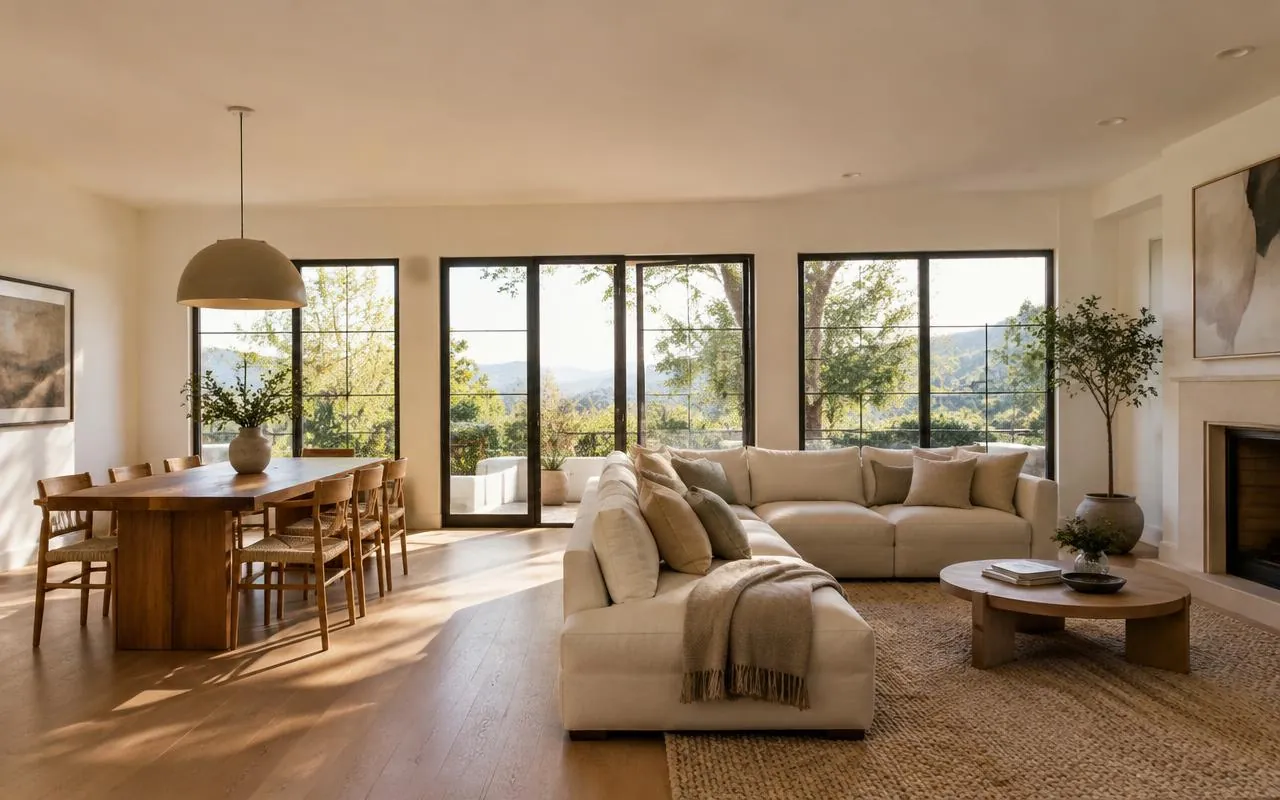 Open living and dining room with large black-framed windows