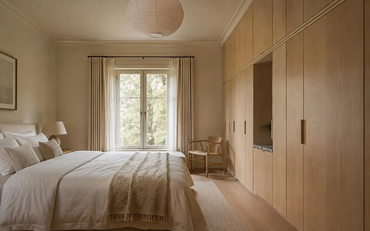 Calm bedroom with built-in oak wardrobes and soft daylight