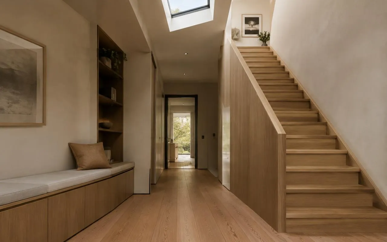 Hallway with oak staircase, built-in bench, and skylight
